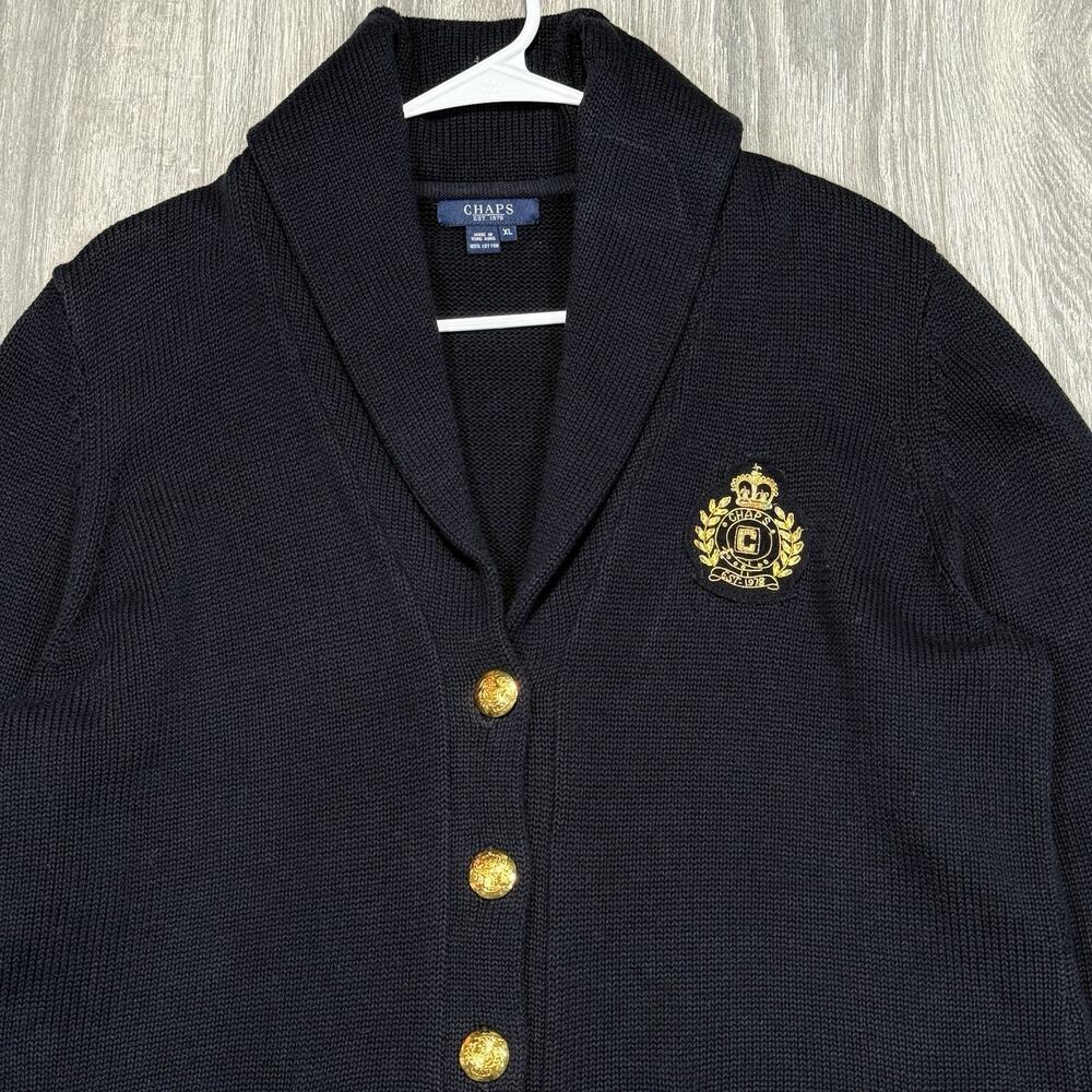 Chaps Cardigan Sweater Womens Sz XL Navy Gold Button Shawl Collar Crest Nautical - Picture 3 of 10